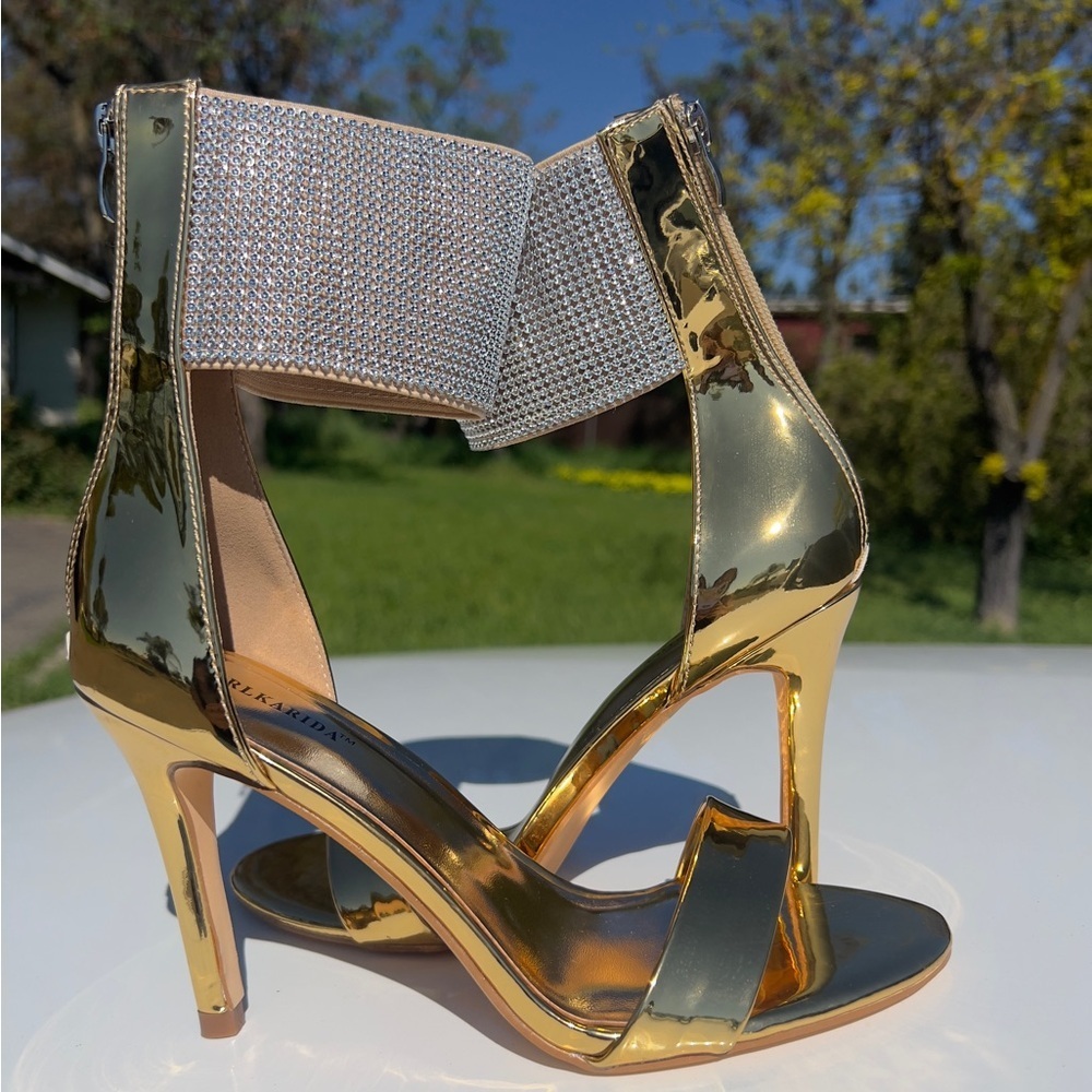 Gold Metallic Rhinestone Ankle-Strap High Heel Sandals - Women size 9